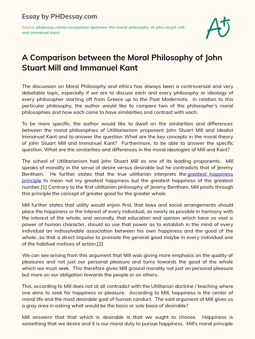 A Comparison between the Moral Philosophy of John Stuart Mill and Immanuel Kant essay