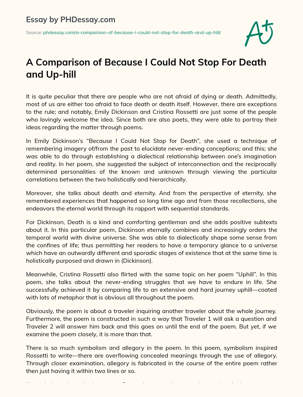 A Comparison of Because I Could Not Stop For Death and Up-hill essay