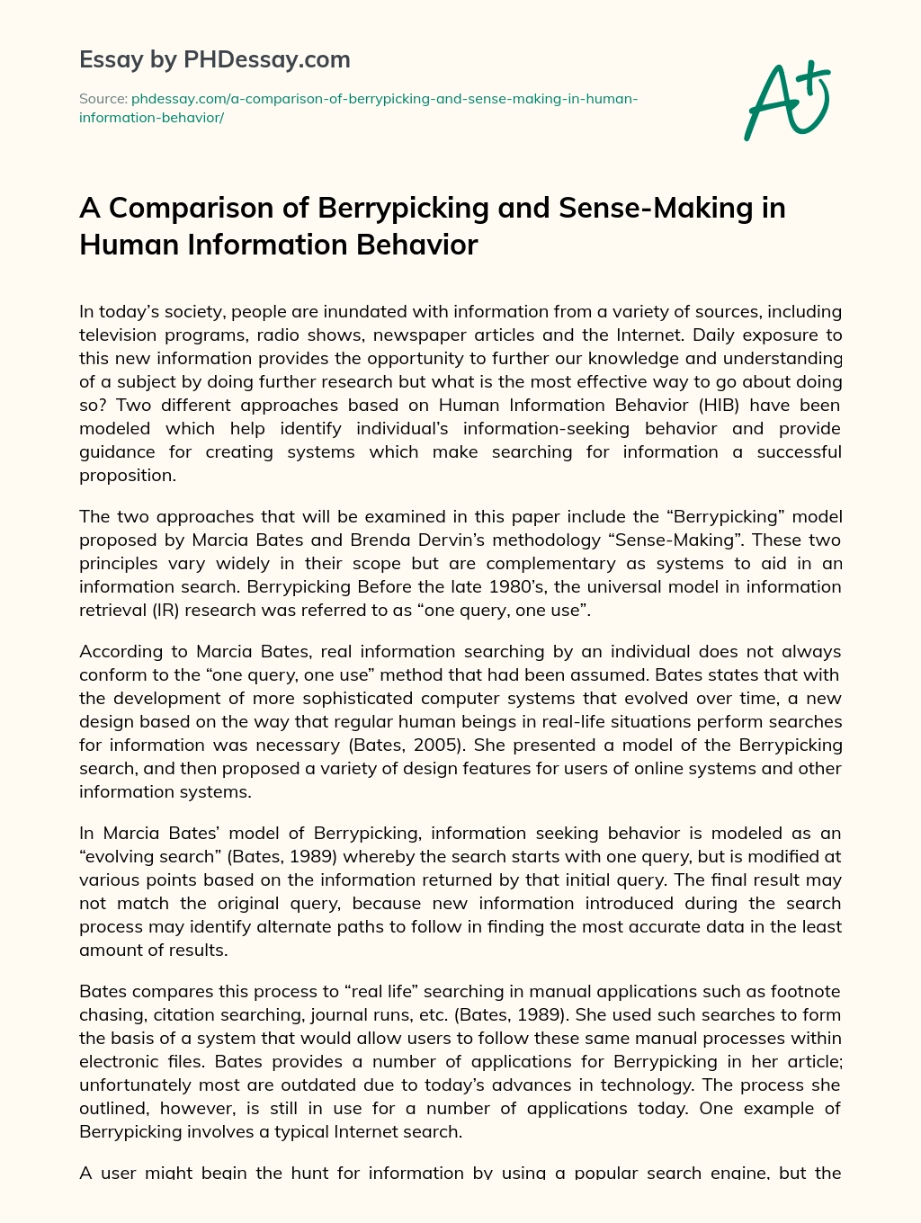 A Comparison of Berrypicking and Sense-Making in Human Information Behavior essay