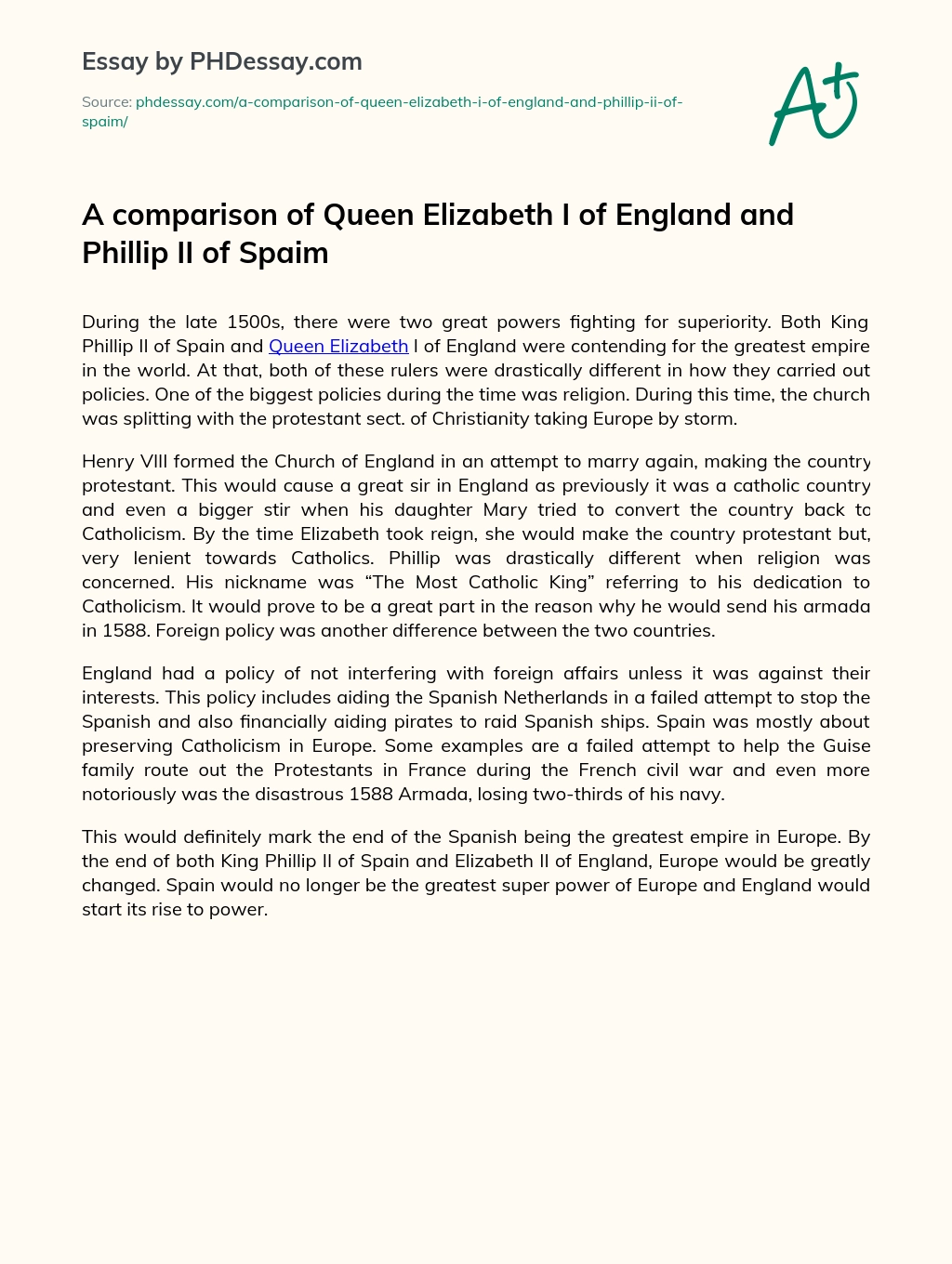 A comparison of Queen Elizabeth I of England and Phillip II of Spaim essay