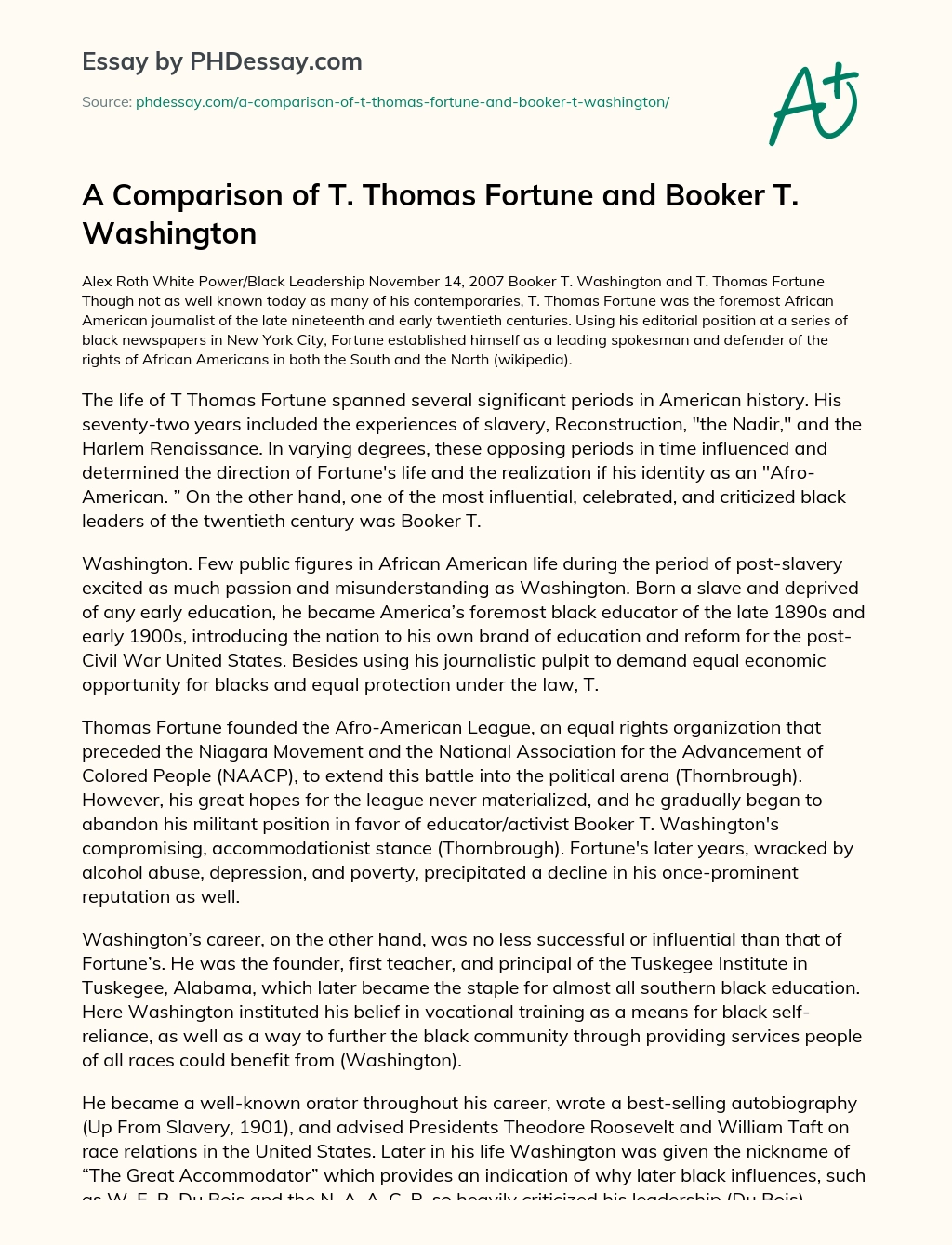A Comparison of T. Thomas Fortune and Booker T. Washington essay