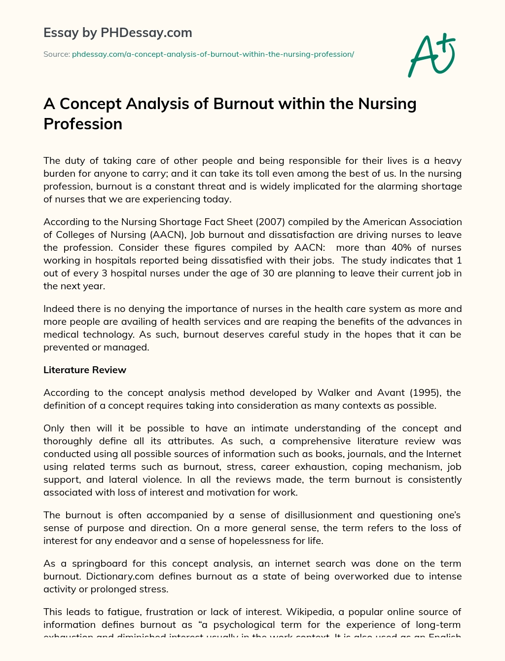 A Concept Analysis of Burnout within the Nursing Profession essay