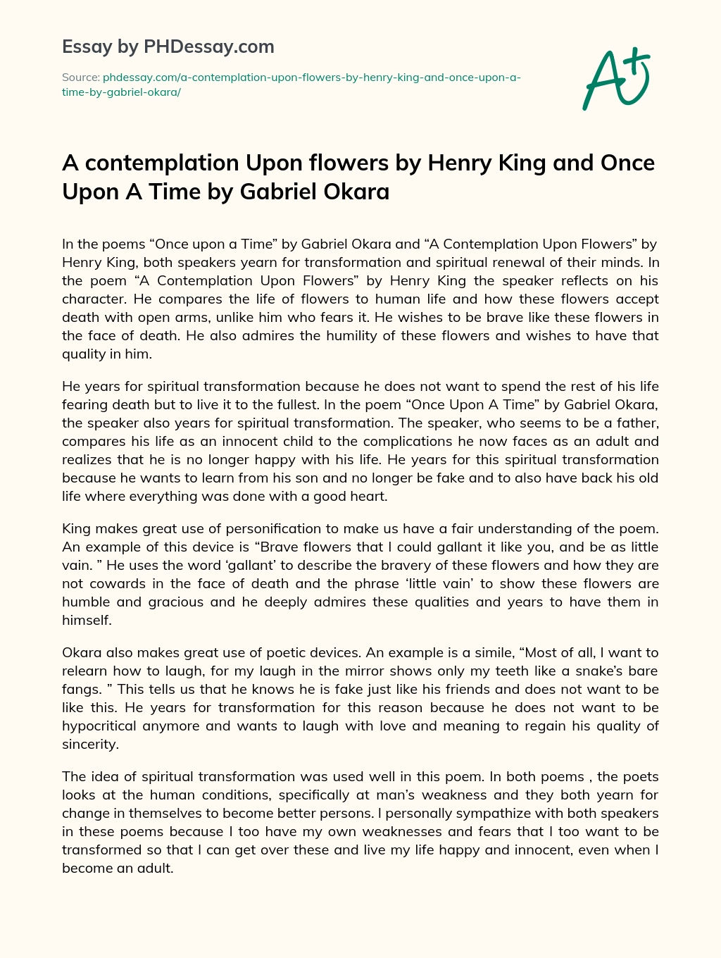 A contemplation Upon flowers by Henry King and Once Upon A Time by Gabriel Okara essay
