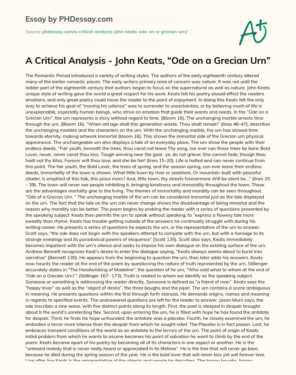 A Critical Analysis – John Keats, “Ode on a Grecian Urn” essay