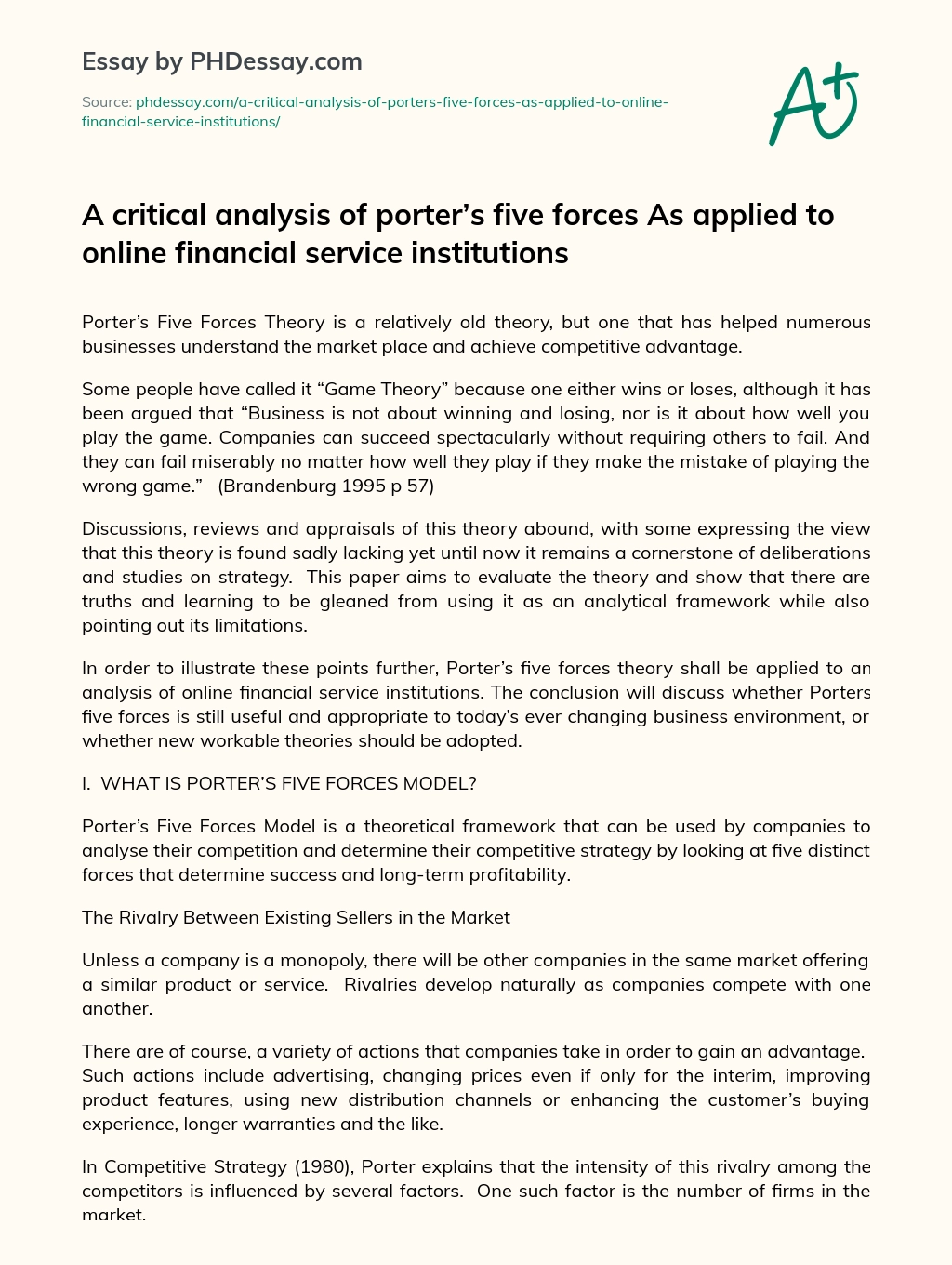 Porter’s Five Forces Theory: A Critical Evaluation and Application in Online Financial Services essay