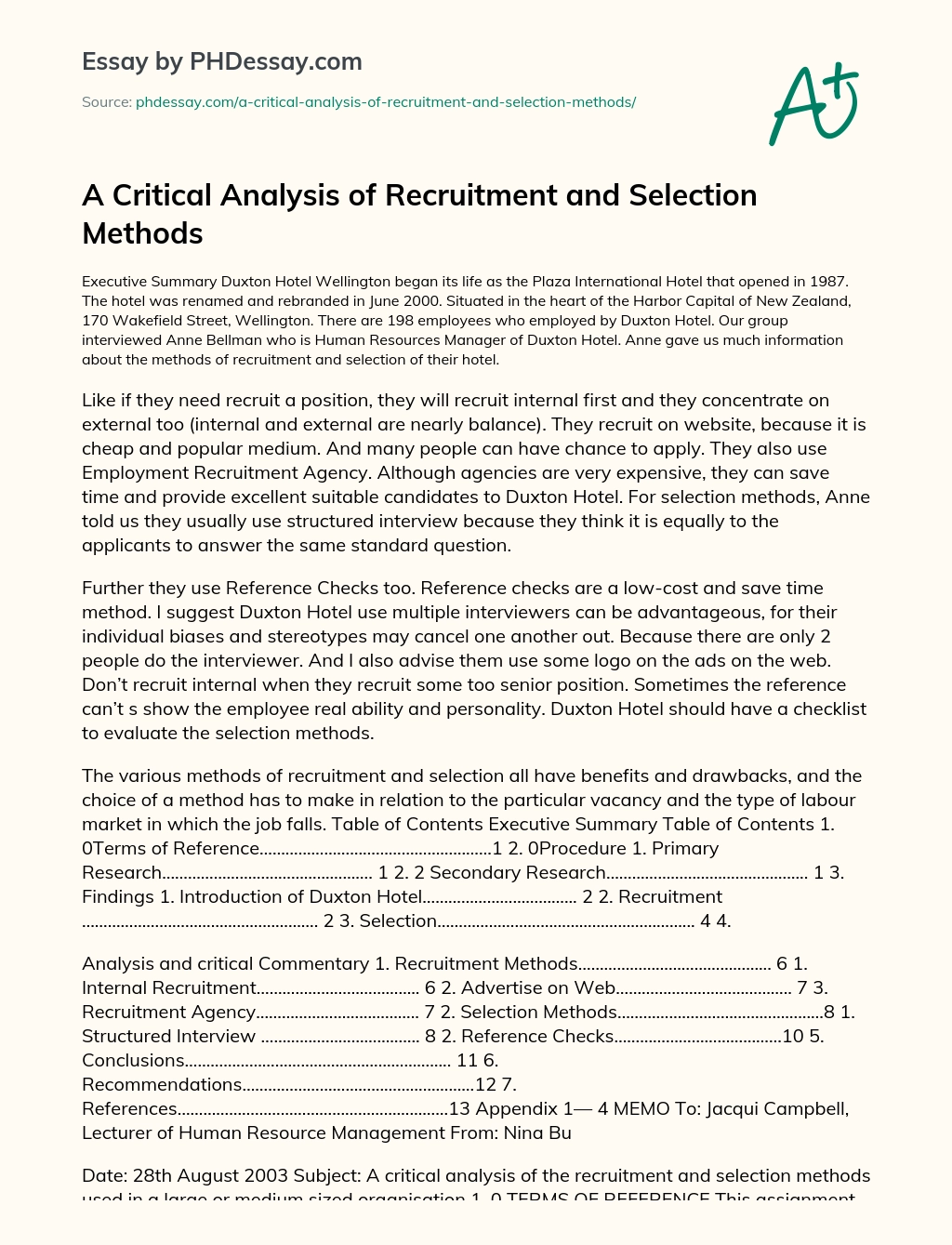 A Critical Analysis of Recruitment and Selection Methods essay