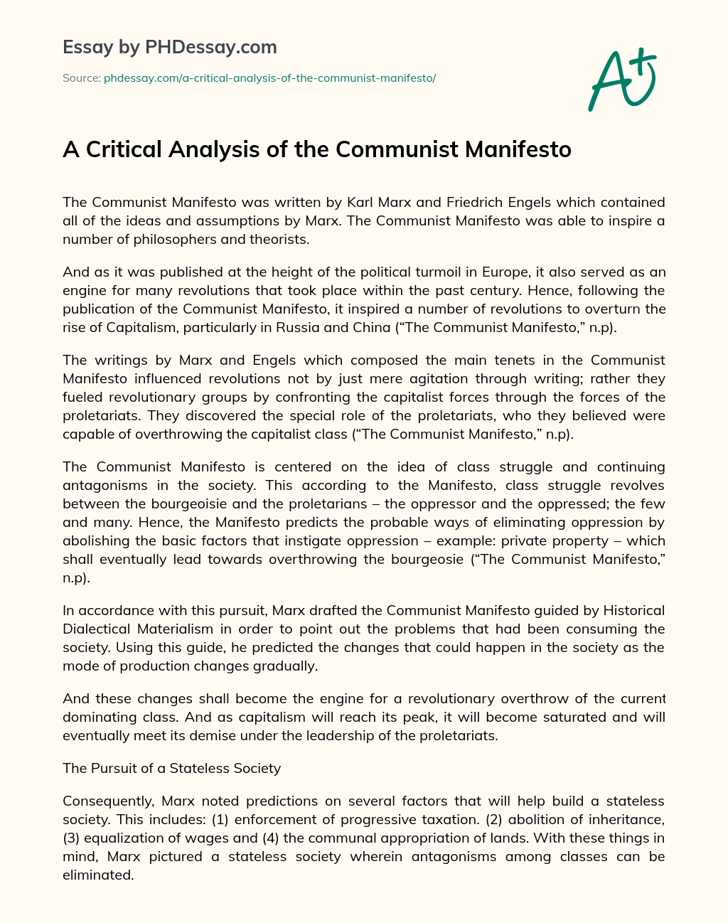 A Critical Analysis of the Communist Manifesto essay