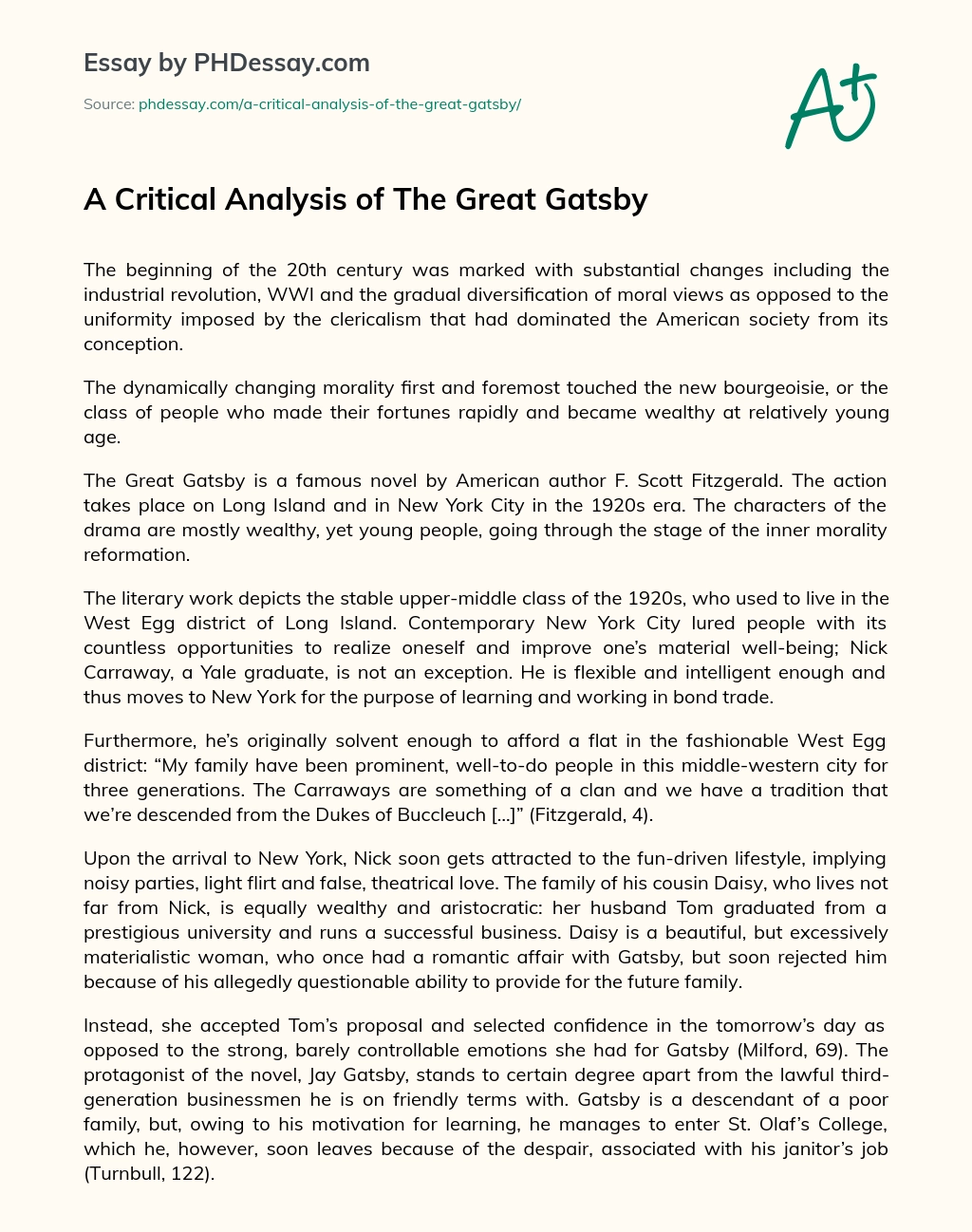 A Critical Analysis of The Great Gatsby essay