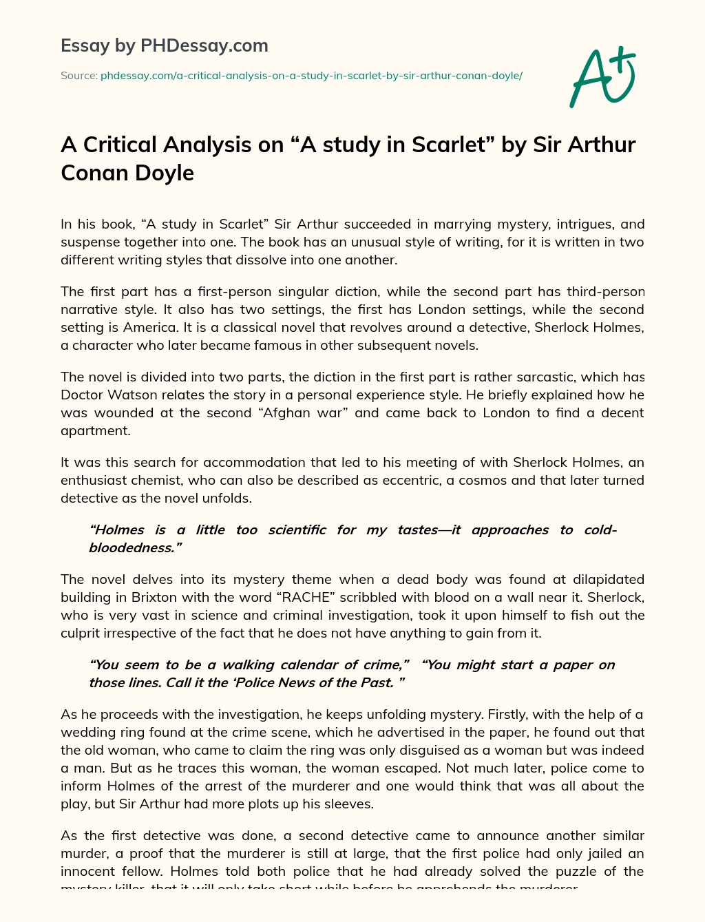 A Critical Analysis on “A study in Scarlet” by Sir Arthur Conan Doyle essay