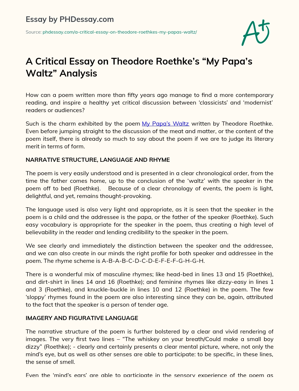 A Critical Essay on Theodore Roethke’s “My Papa’s Waltz” Analysis essay