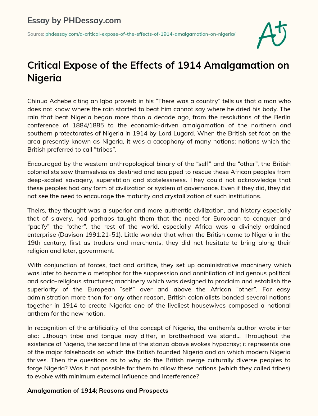 Critical Expose of the Effects of 1914 Amalgamation on Nigeria essay