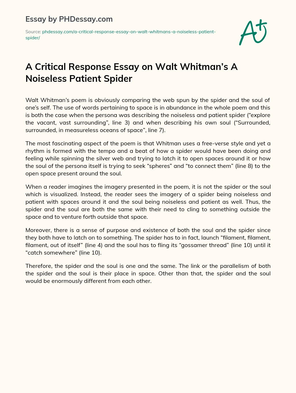 A Critical Response Essay on Walt Whitman’s A Noiseless Patient Spider essay
