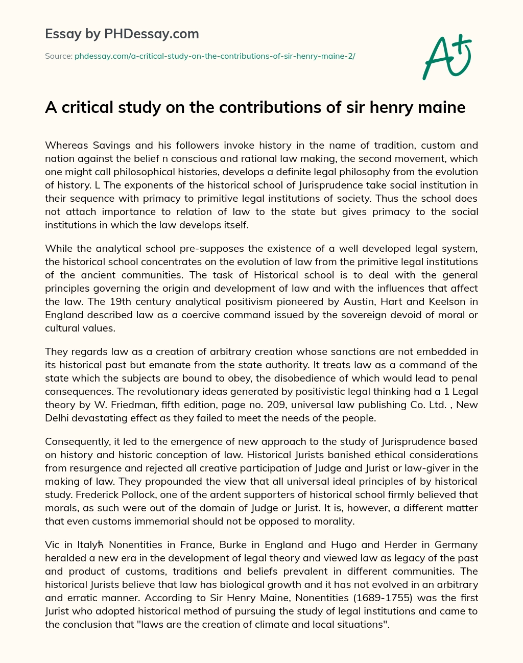A Critical Study on the Contributions of Sir Henry Maine essay