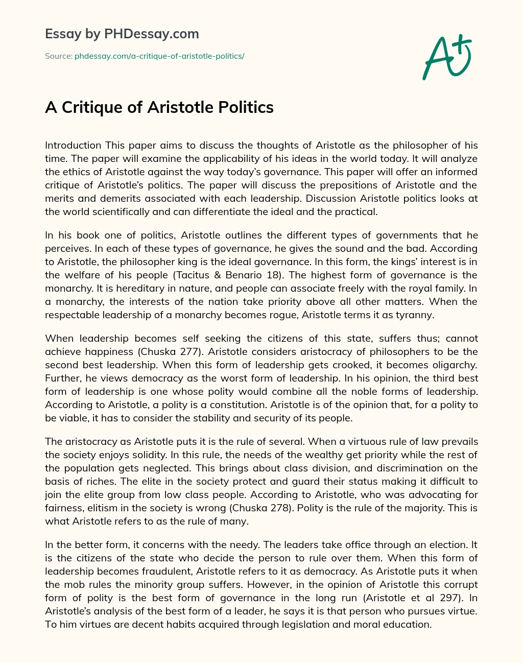 A Critique of Aristotle Politics essay