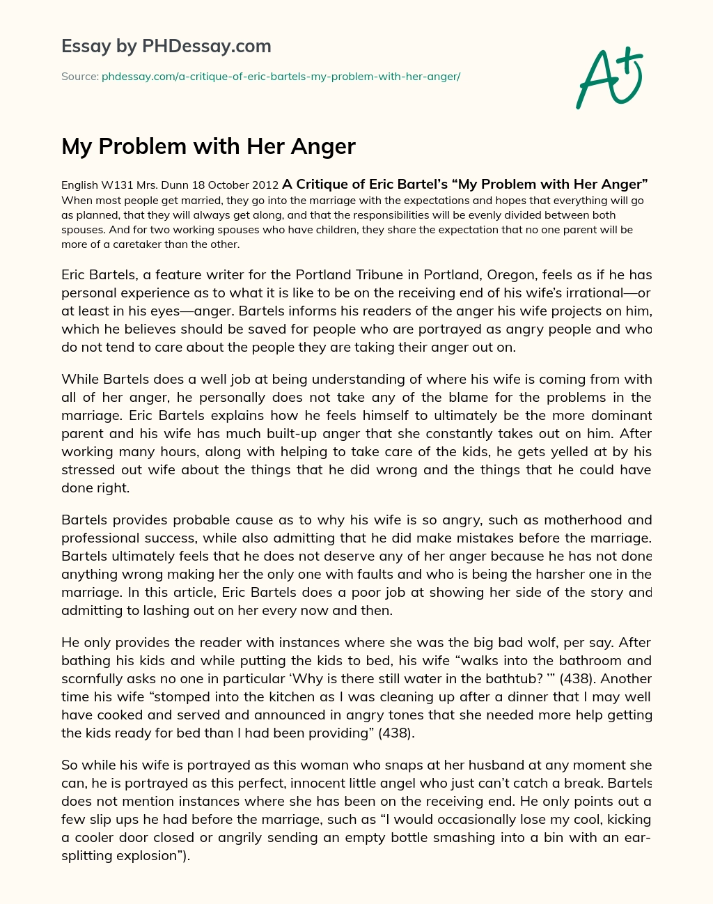 My Problem with Her Anger essay