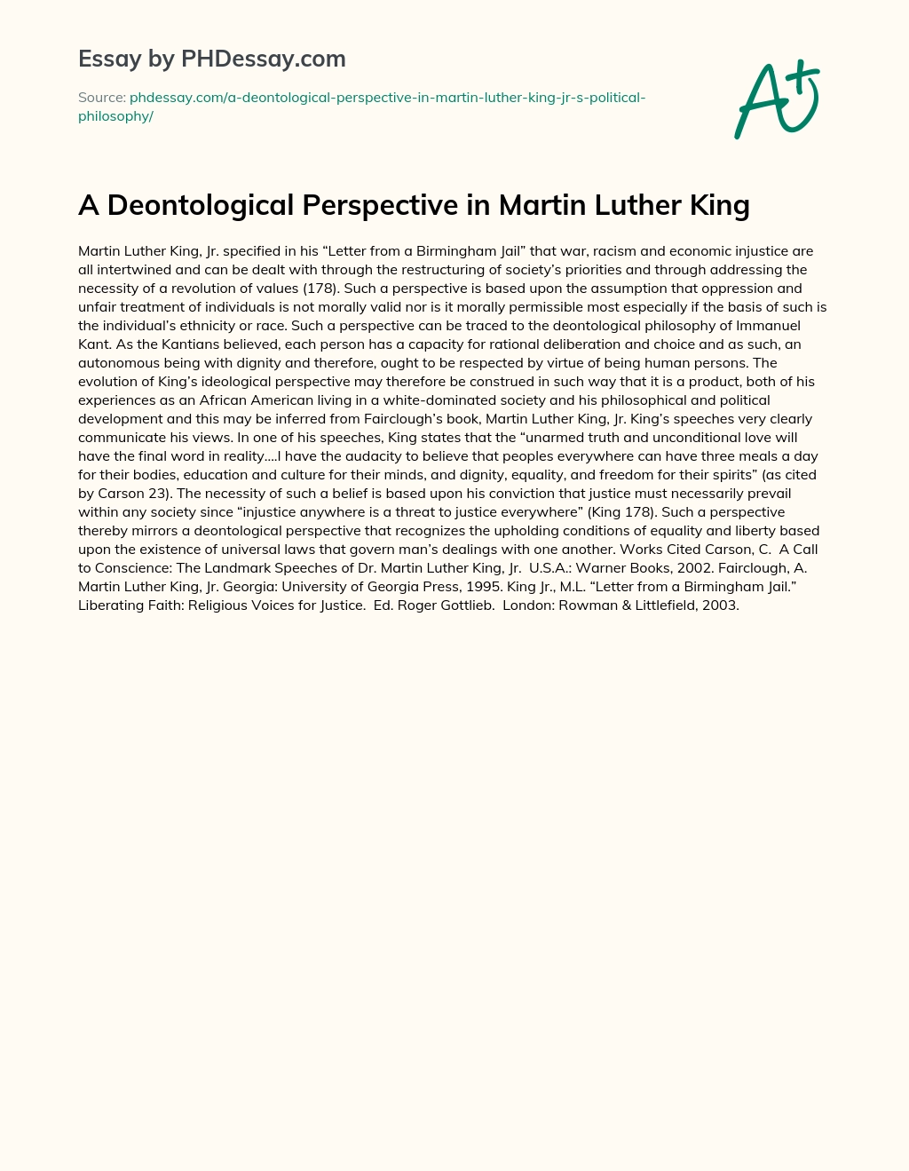 A Deontological Perspective in Martin Luther King essay