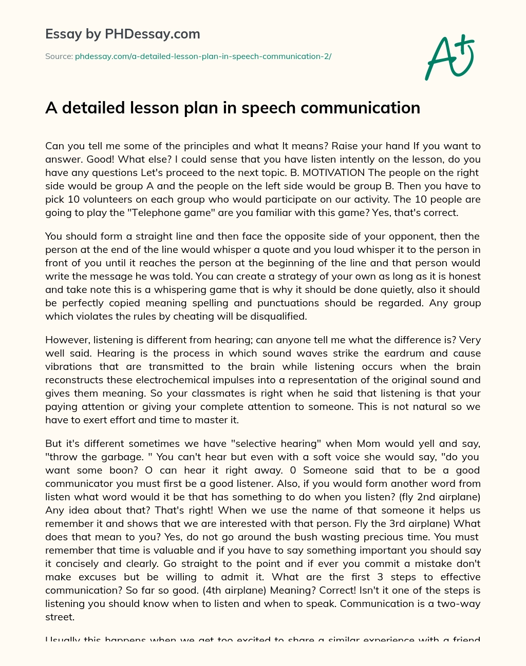 A detailed  lesson plan in speech communication essay