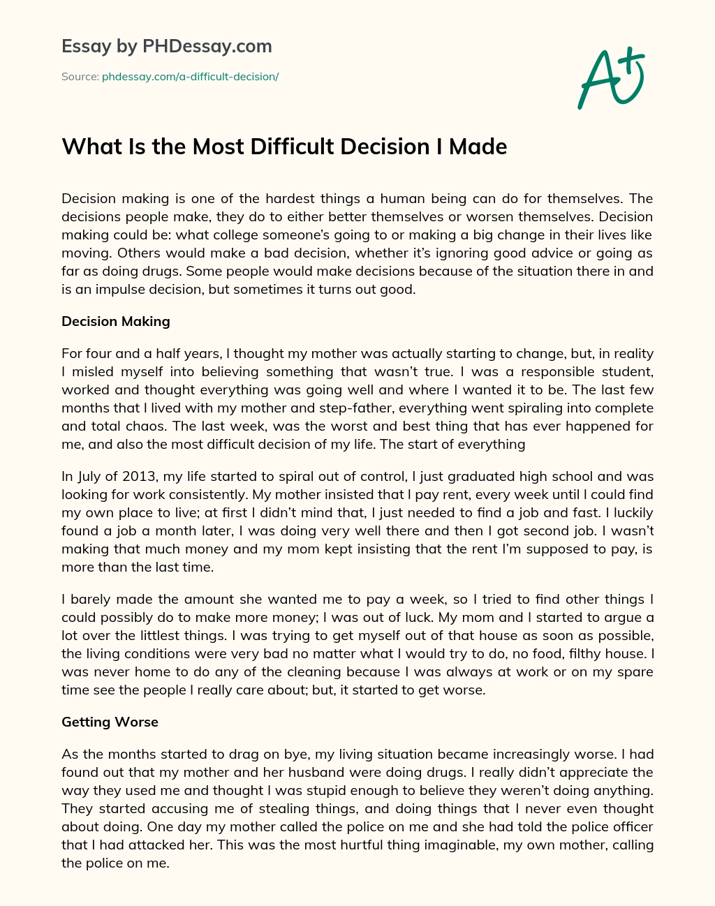What Is the Most Difficult Decision I Made essay