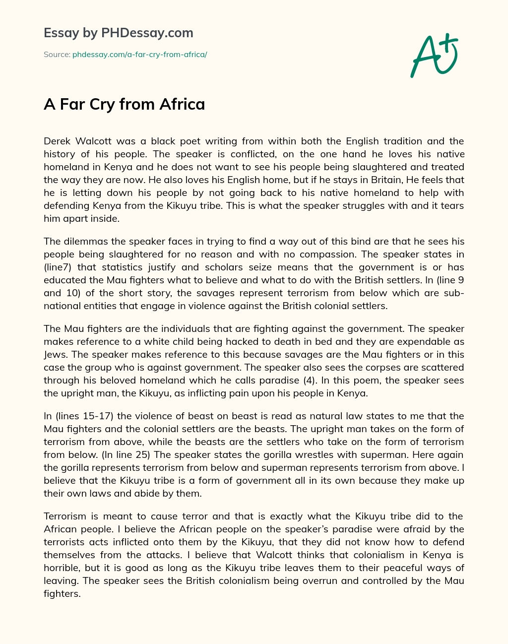 A Far Cry From Africa Phdessay Com