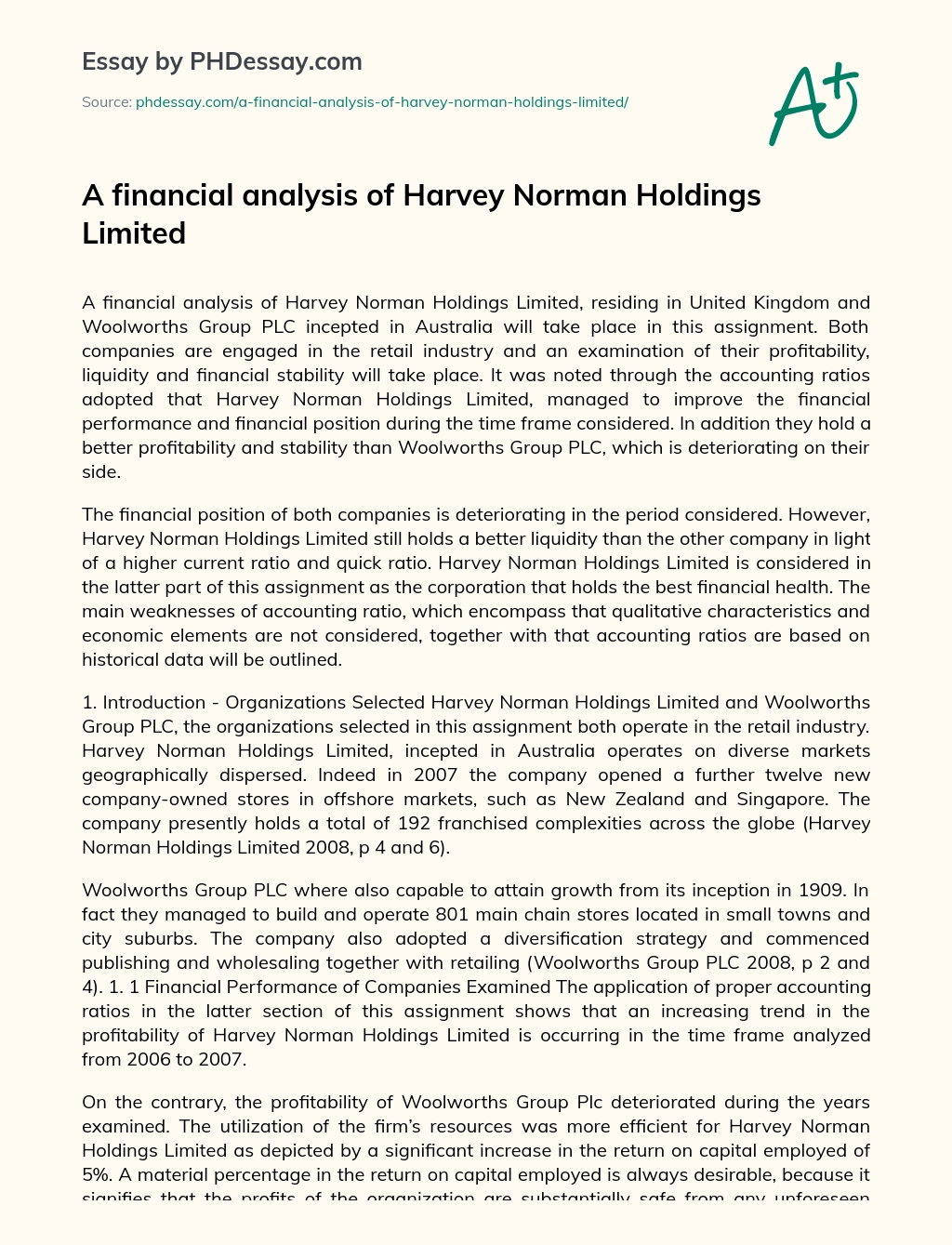 A financial analysis of Harvey Norman Holdings Limited essay