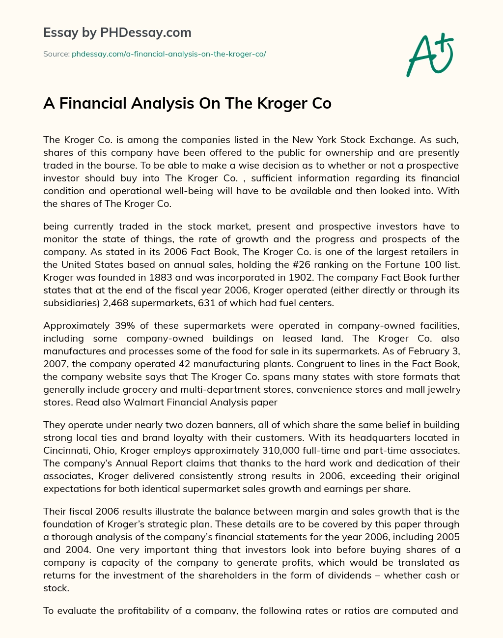 A Financial Analysis On The Kroger Co essay