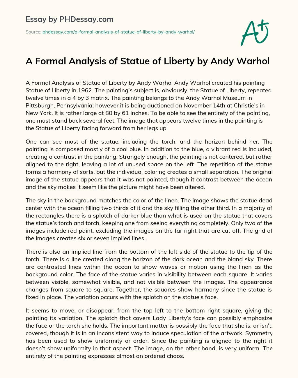 A Formal Analysis of Statue of Liberty by Andy Warhol essay