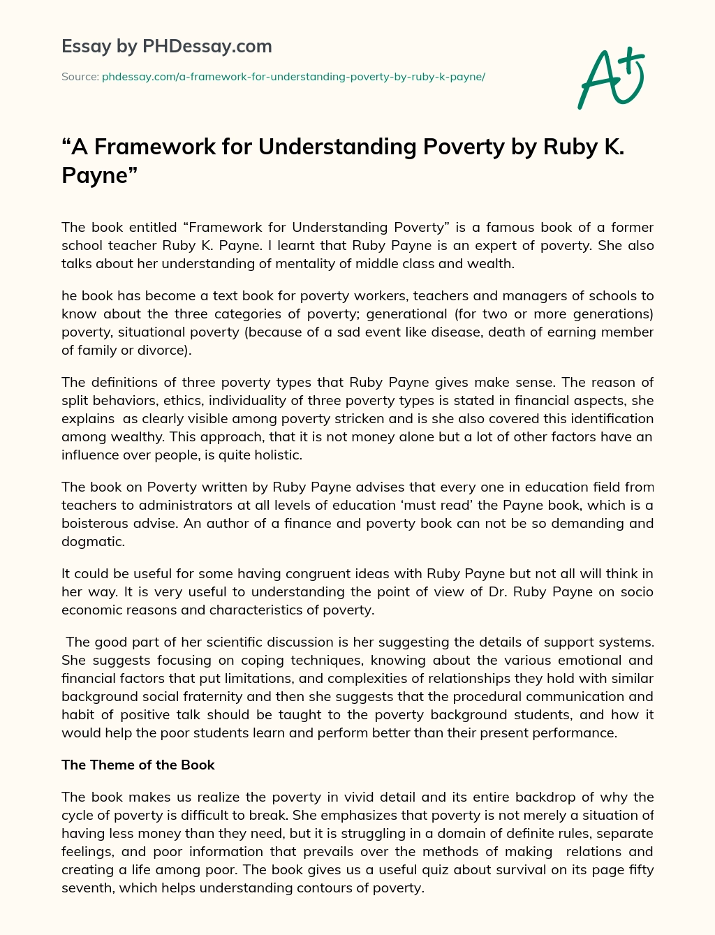 A Framework for Understanding Poverty by Ruby K. Payne essay
