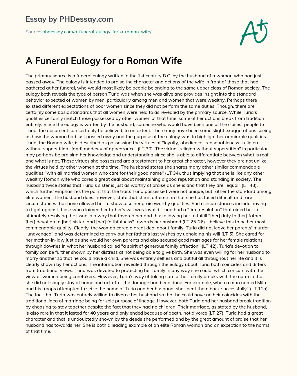 A Funeral Eulogy for a Roman Wife essay