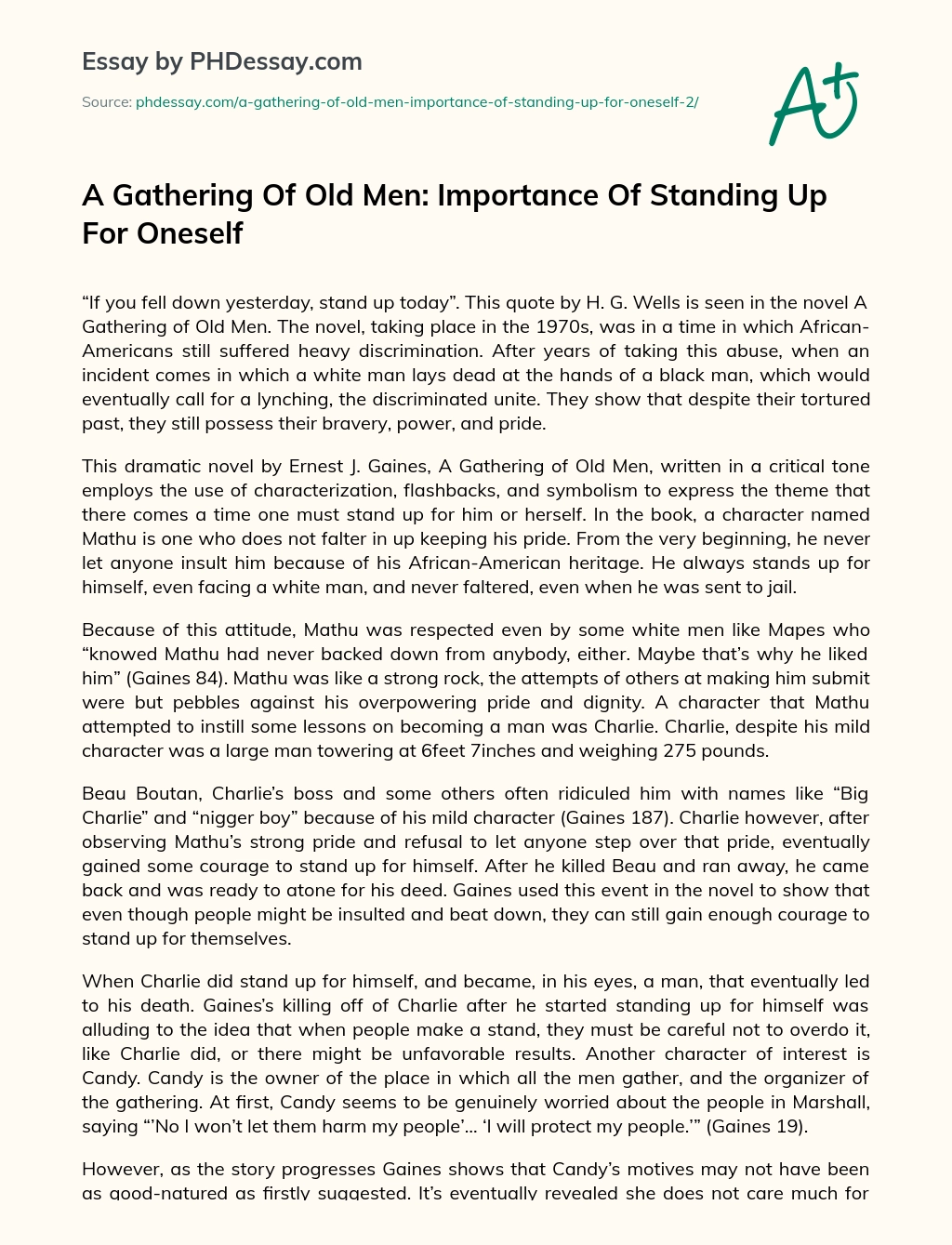 A Gathering Of Old Men: Importance Of Standing Up For Oneself essay