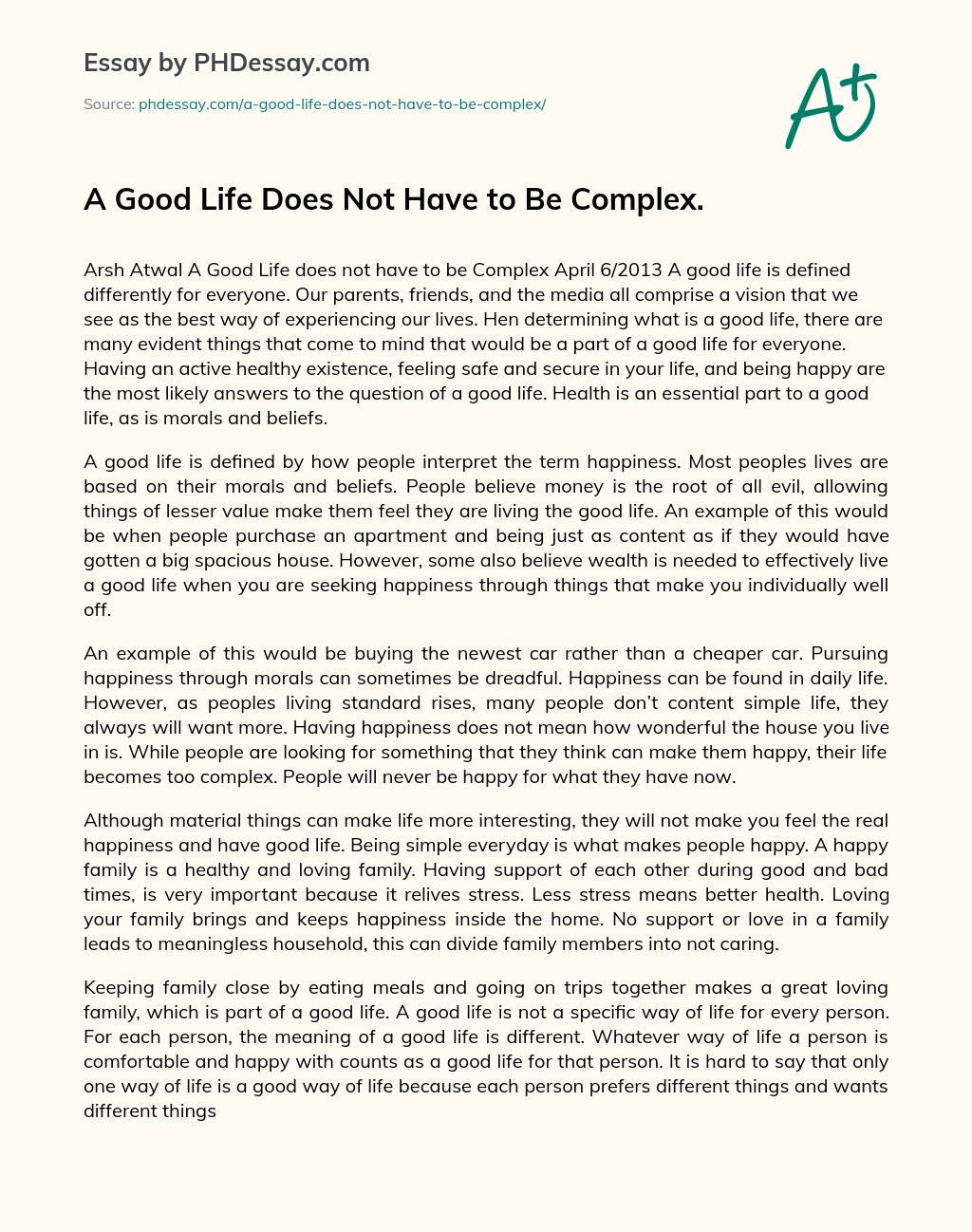 A Good Life Does Not Have to Be Complex. essay