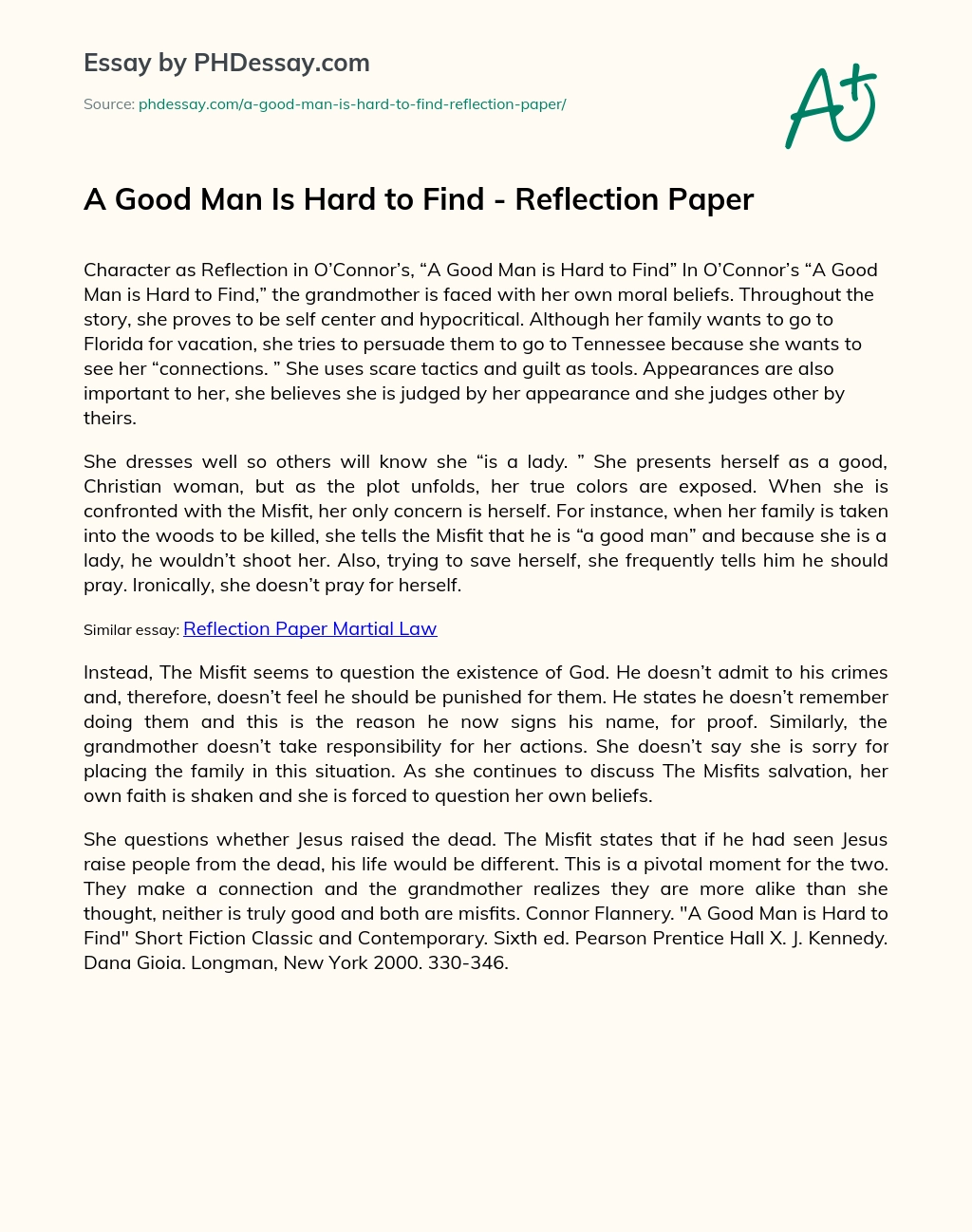 A Good Man Is Hard to Find – Reflection Paper essay