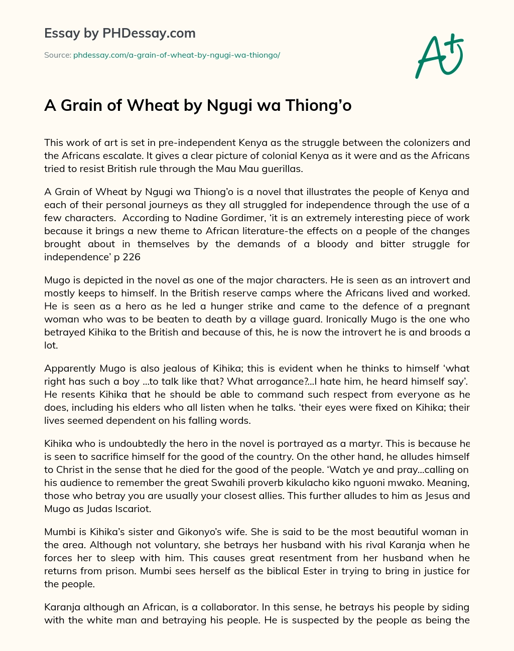 A Grain of Wheat by Ngugi wa Thiong’o essay