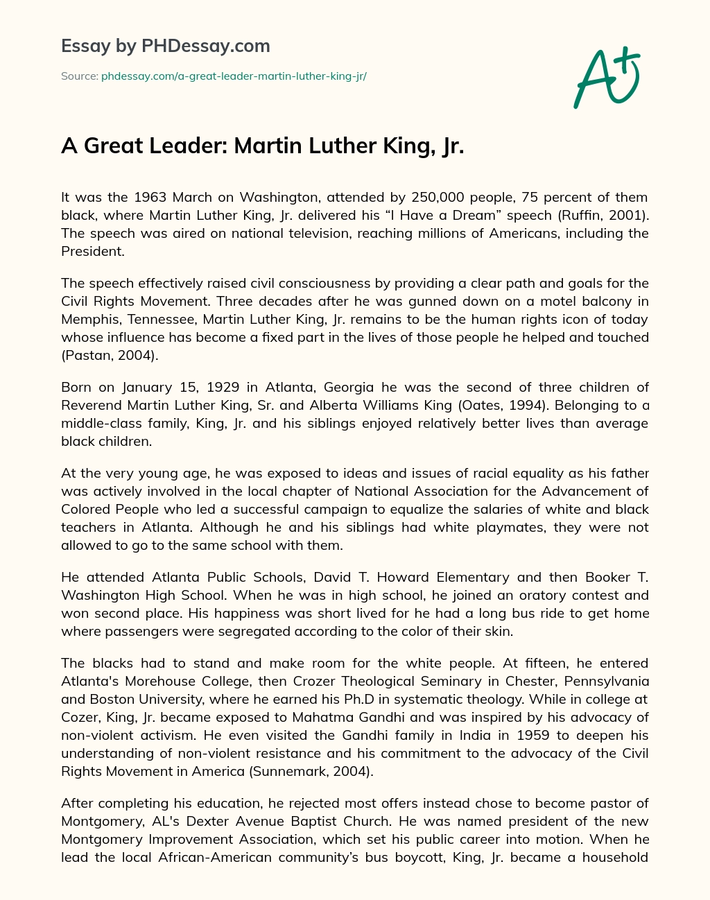 A Great Leader: Martin Luther King, Jr. essay