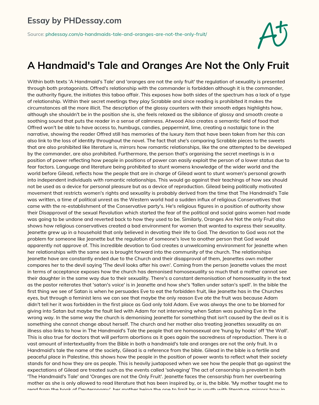 A Handmaid’s Tale and Oranges Are Not the Only Fruit essay