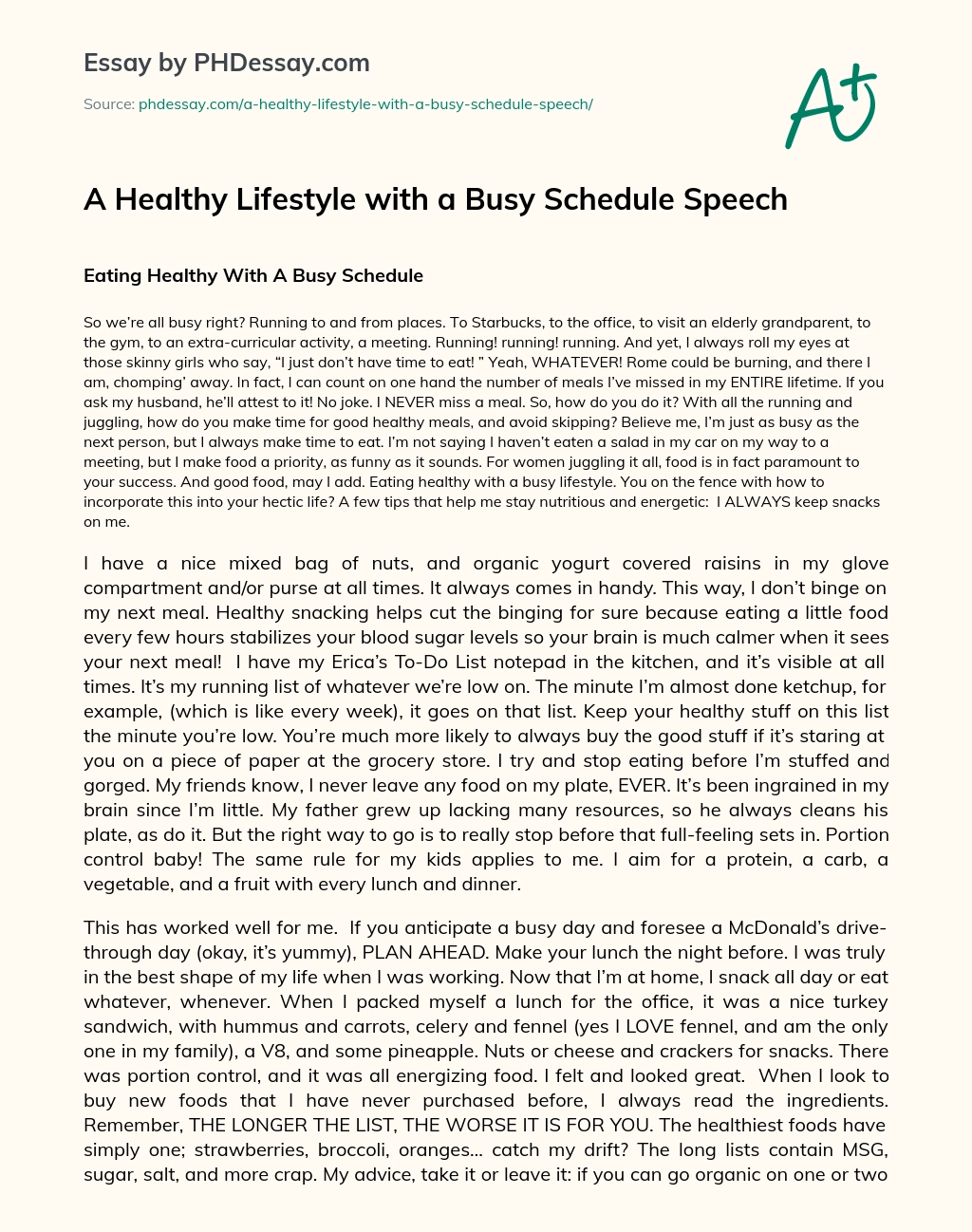 A Healthy Lifestyle with a Busy Schedule Speech essay