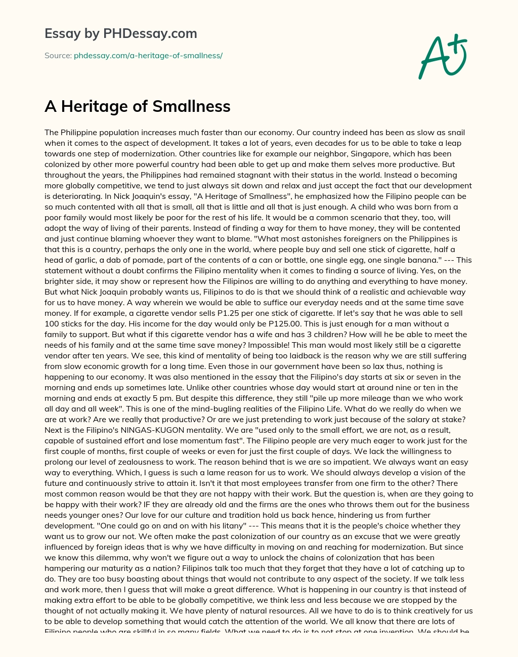 A Heritage of Smallness in the Philippines essay