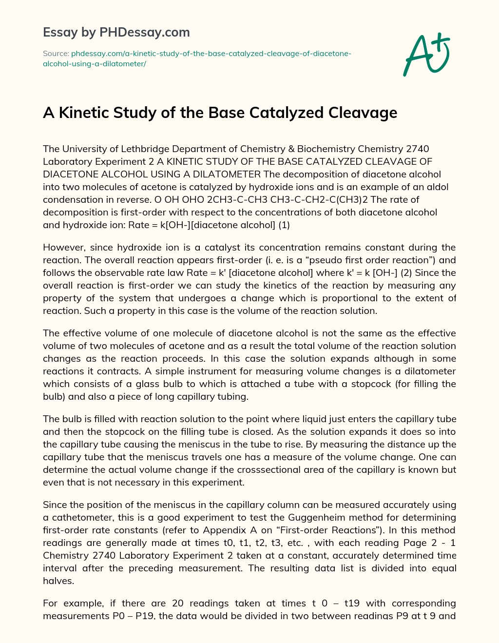 A Kinetic Study of the Base Catalyzed Cleavage essay