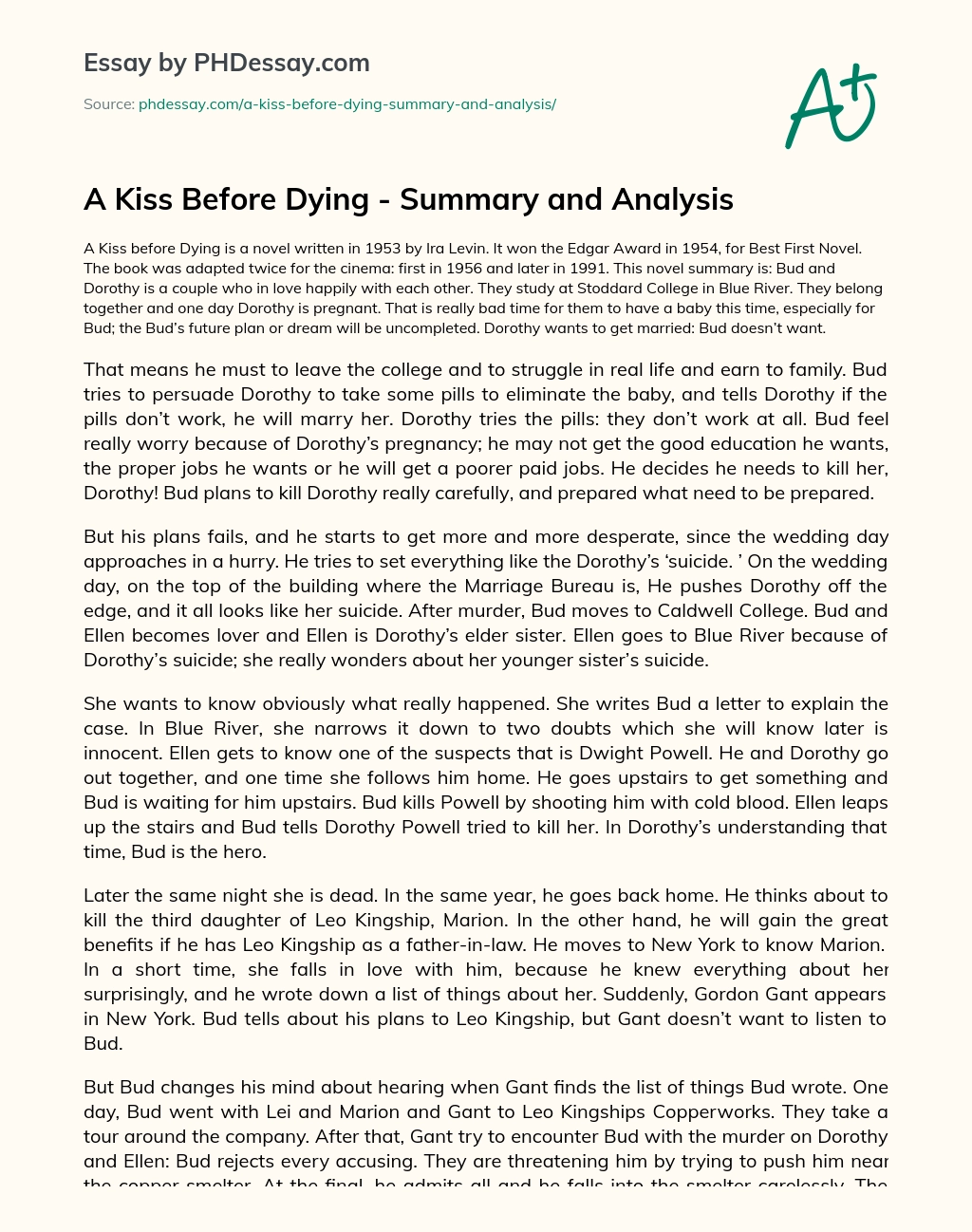 A Kiss Before Dying – Summary and Analysis essay