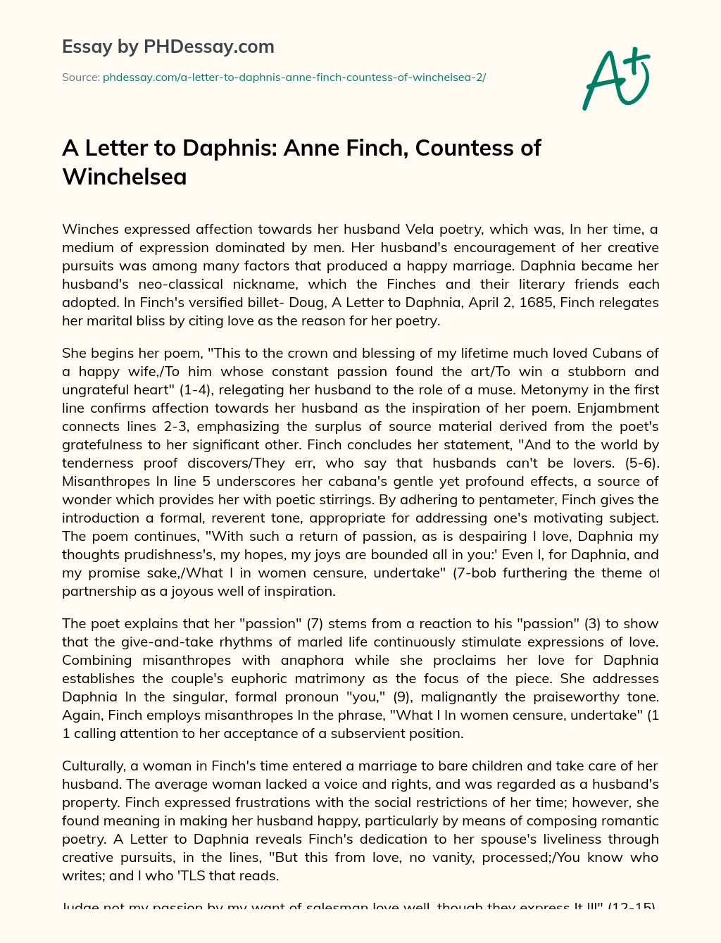 A Letter to Daphnis: Anne Finch, Countess of Winchelsea essay