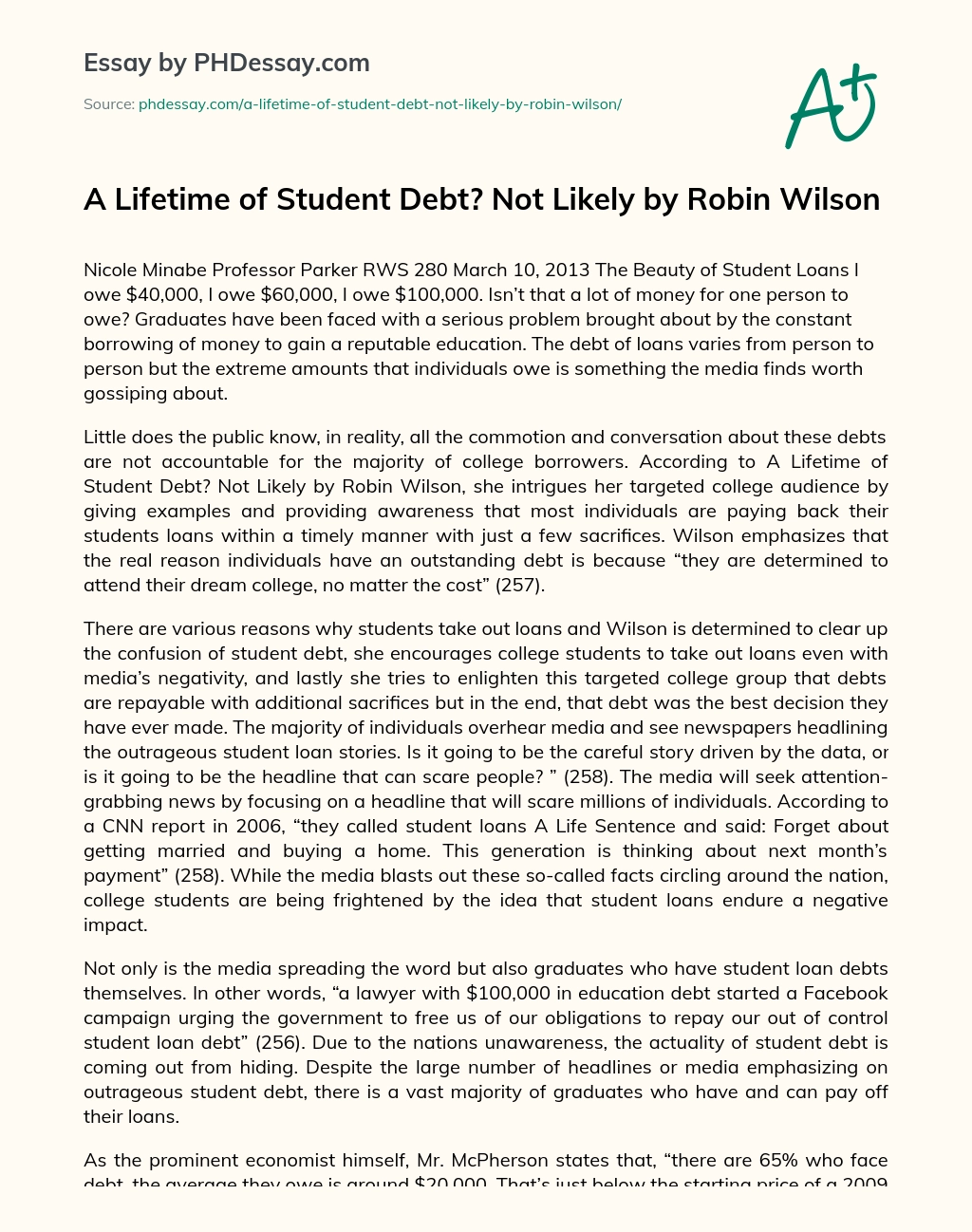 A Lifetime of Student Debt? Not Likely by Robin Wilson essay