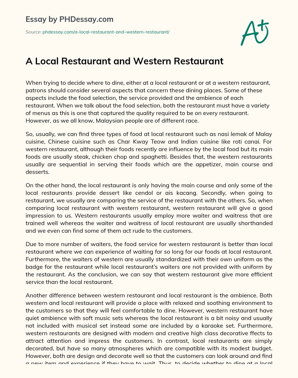 A Local Restaurant and Western Restaurant essay