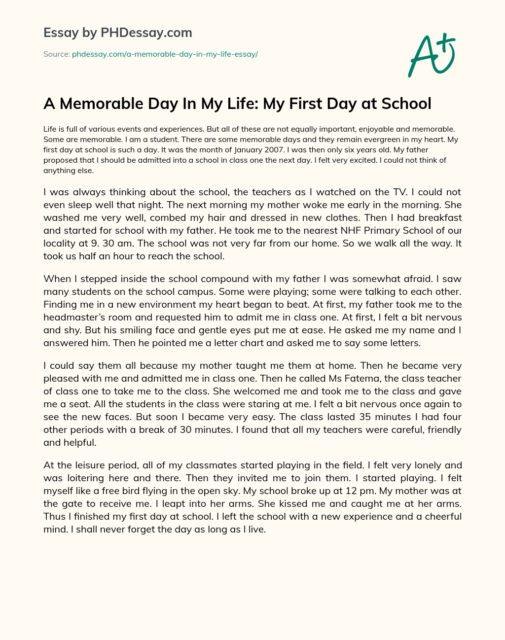A Memorable Day In My Life: My First Day at School essay