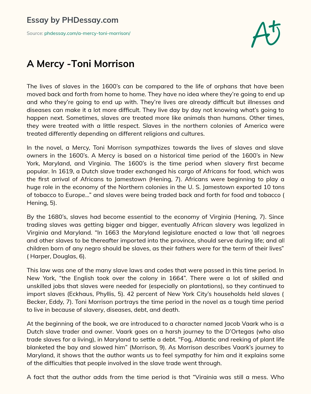 A Mercy -Toni Morrison essay
