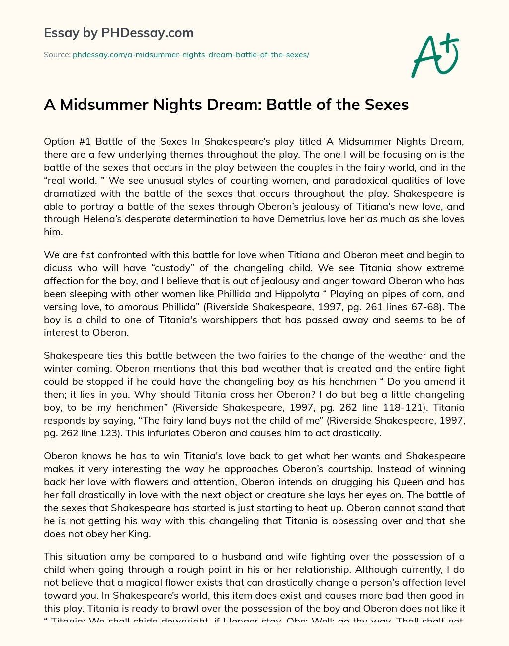 A Midsummer Nights Dream: Battle of the Sexes essay