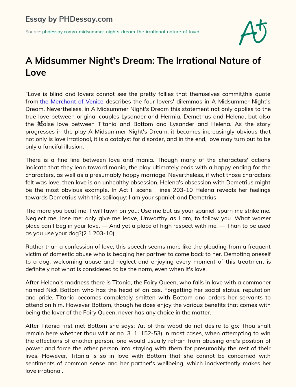 A Midsummer Night’s Dream: The Irrational Nature of Love essay