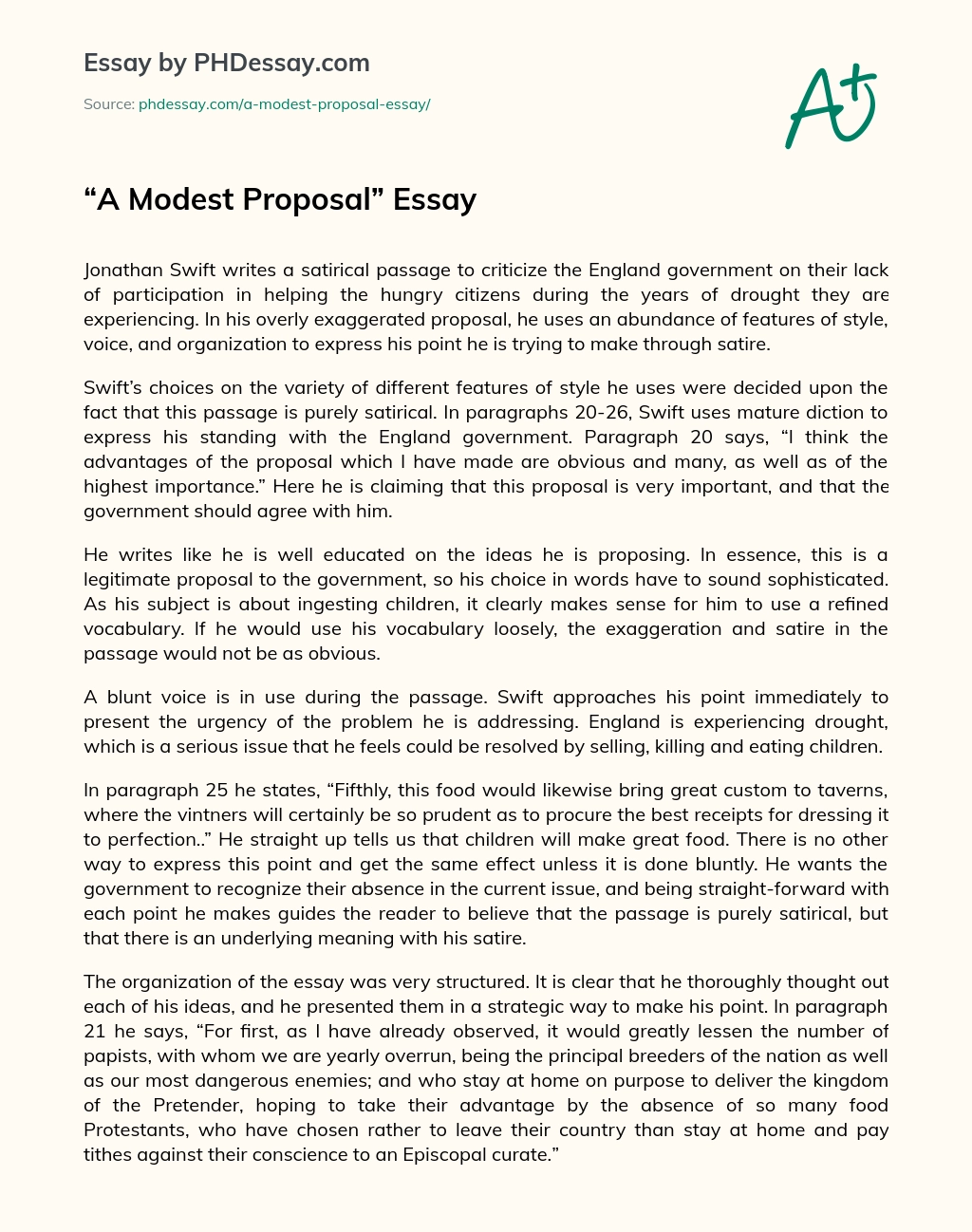 A Modest Proposal Essay essay