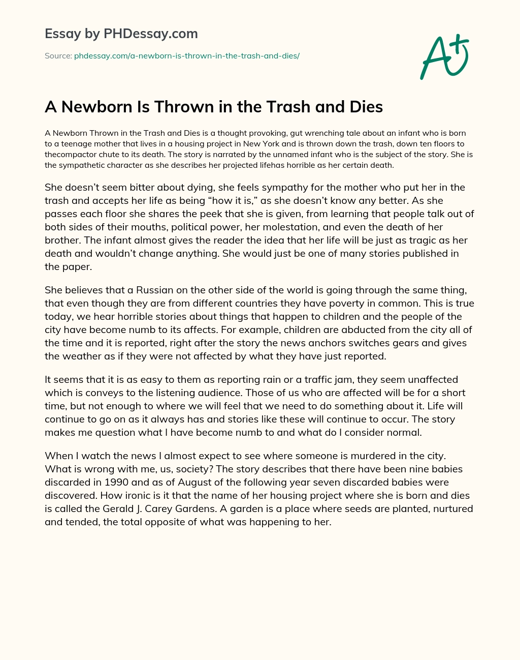 A Newborn Is Thrown in the Trash and Dies essay