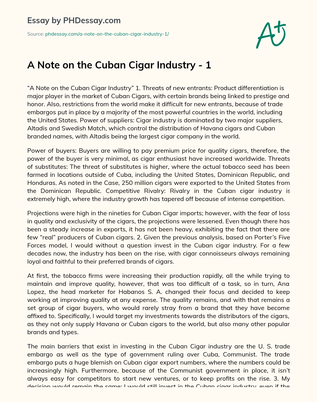 A Note on the Cuban Cigar Industry essay