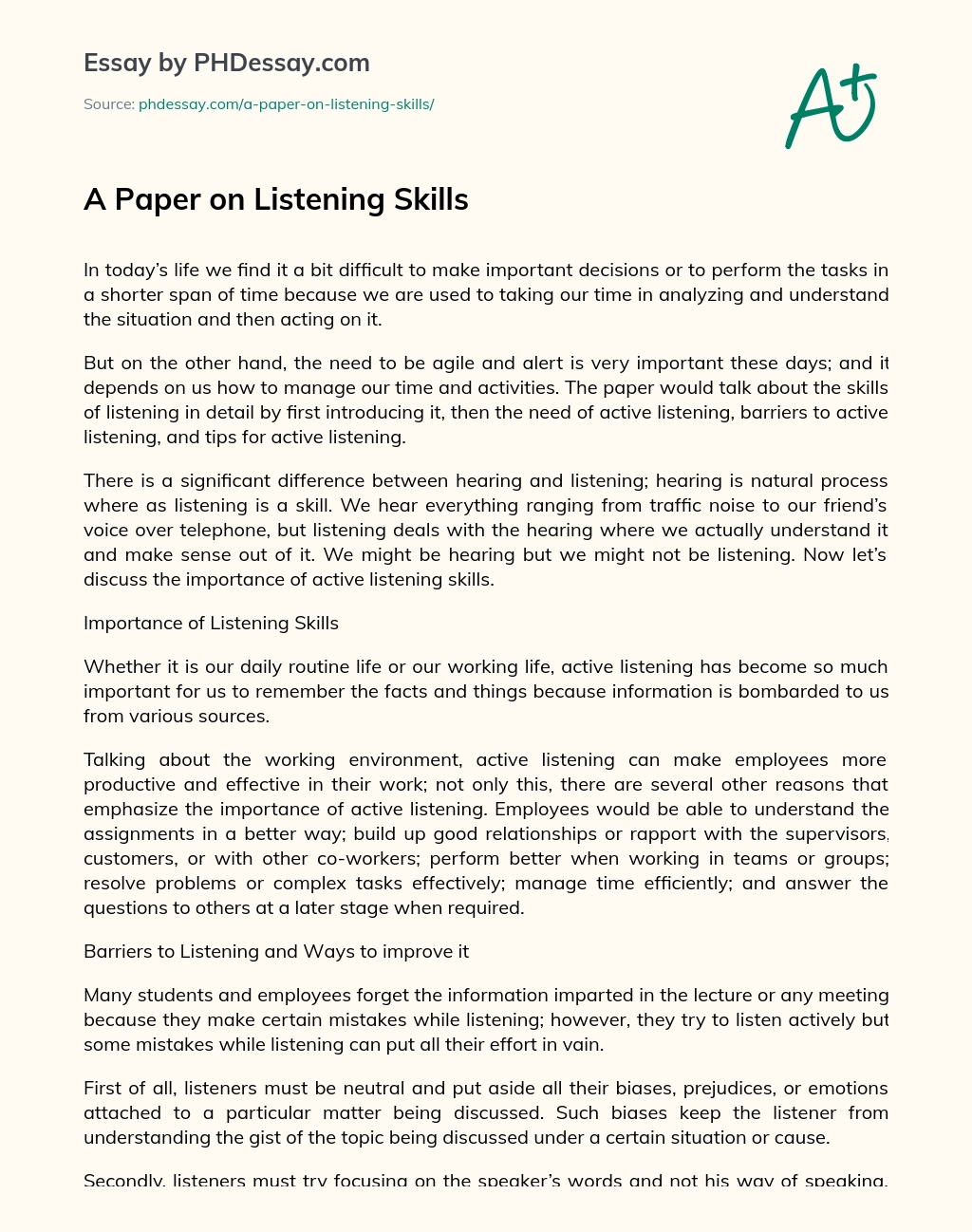 A Paper on Listening Skills essay