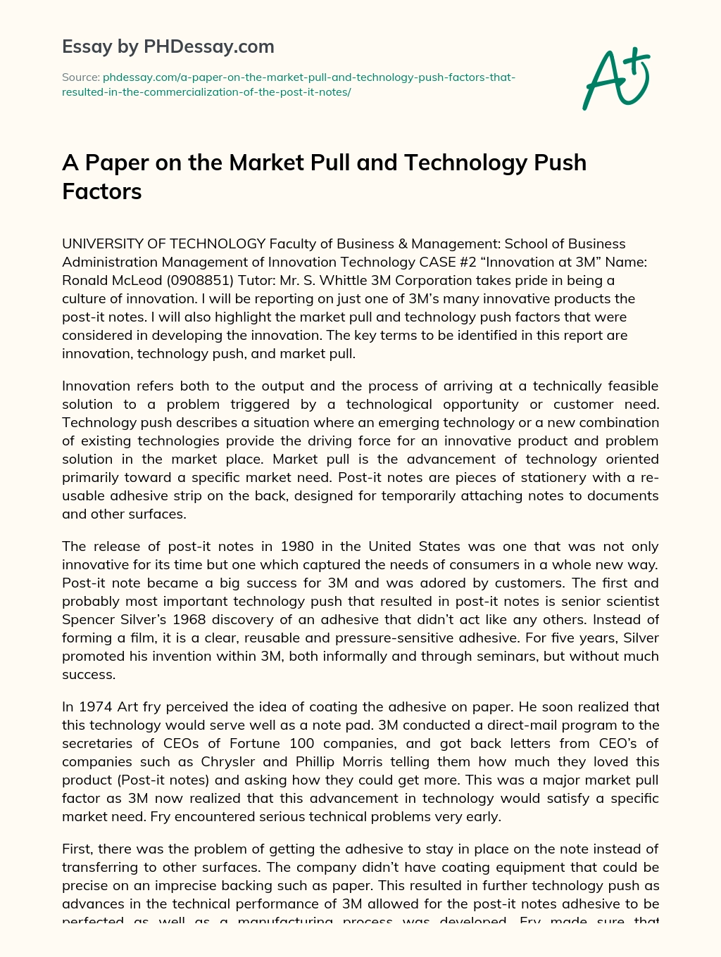 A Paper on the Market Pull and Technology Push Factors essay